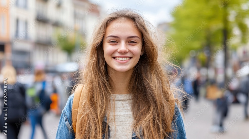 Spring vibes: smiling young woman outdoors in bright urban setting Spring vibes: smiling young woman outdoors in bright urban setting