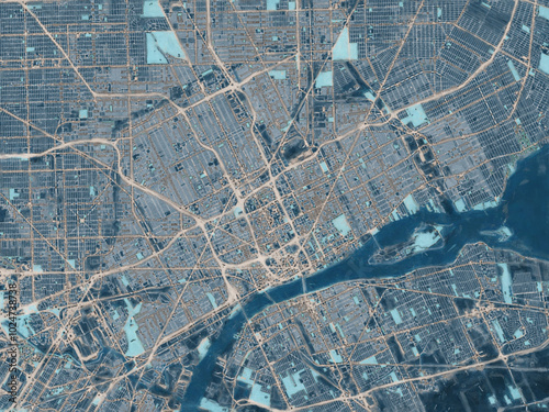Painterly Style City Map of Detroit Michigan, USA in a Blue Color Scheme. photo