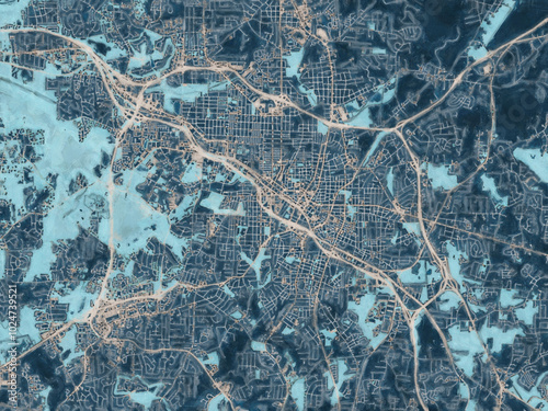 Painterly Style City Map of Durham North Carolina, USA in a Blue Color Scheme.