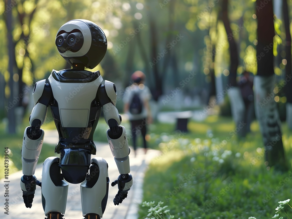 A robot is walking down a path in a park A robot is walking down a path in a park