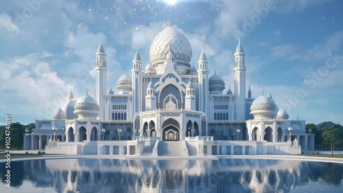 A Majestic White Mosque with Golden Accents Reflecting in a Still Pond