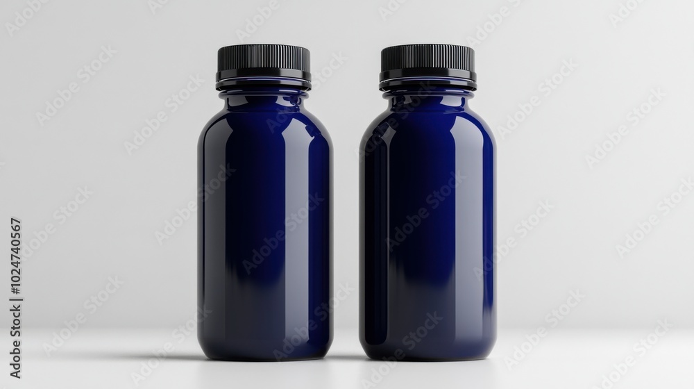 Dark blue bottles with black caps for product packaging and design Dark blue bottles with black caps for product packaging and design