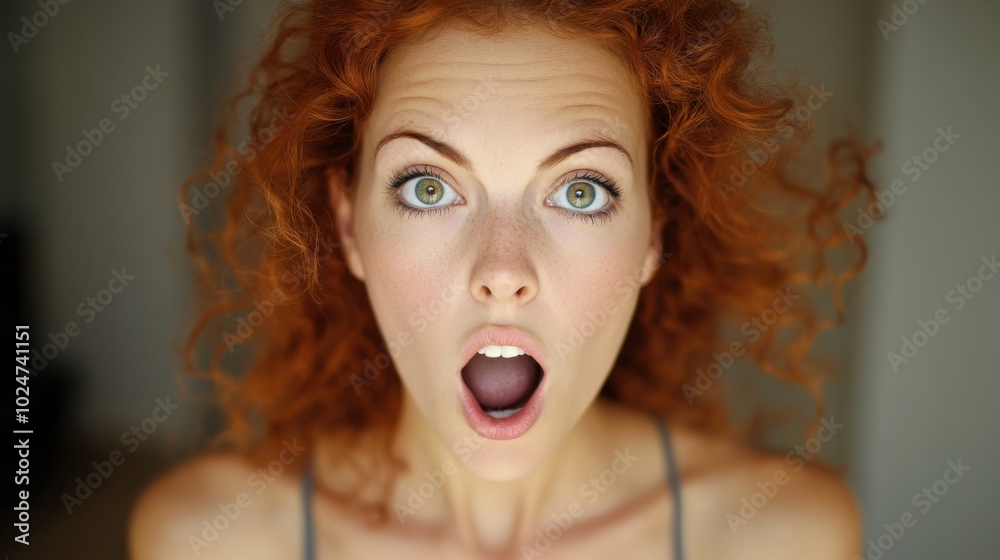 Surprised redhead woman with open mouth expression for creative design Surprised redhead woman with open mouth expression for creative design