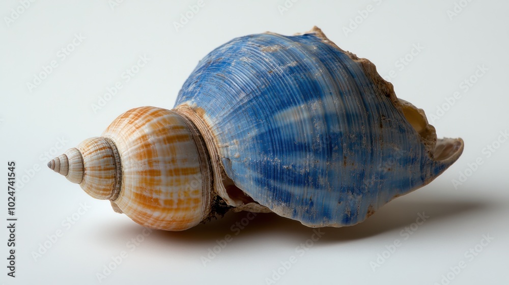 Detailed blue and orange seashell on white background for coastal decor or nature displays Detailed blue and orange seashell on white background for coastal decor or nature displays