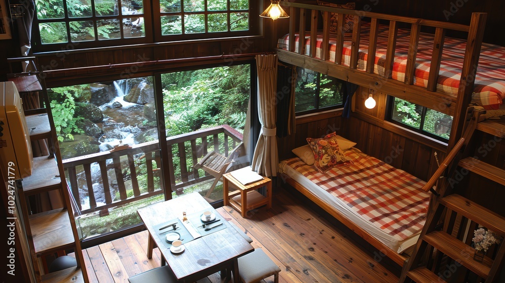 A cozy wooden cabin interior with bunk beds and large windows overlooking a scenic waterfall surrounded by lush greenery, creating a peaceful retreat A cozy wooden cabin interior with bunk beds and large windows overlooking a scenic waterfall surrounded by lush greenery, creating a peaceful retreat