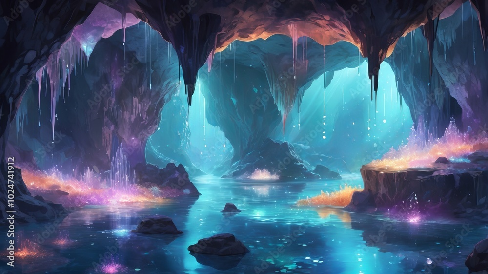 a magical lake with light emitting rocks concept ai gen a magical lake with light emitting rocks concept ai gen