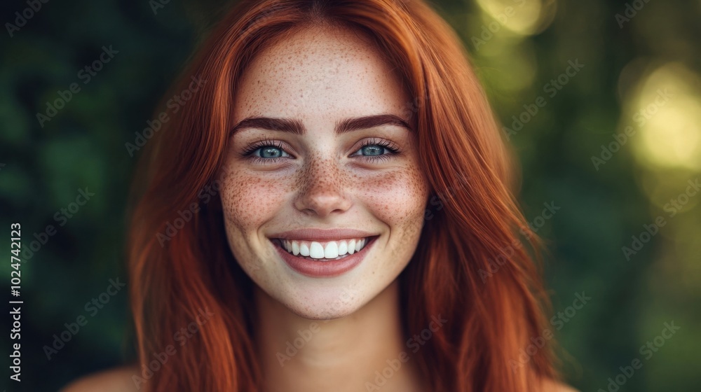 Vibrant redhead smiling in nature - perfect for skincare and beauty ads Vibrant redhead smiling in nature - perfect for skincare and beauty ads