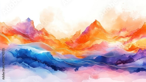 Abstract watercolor landscape with vibrant colors depicting mountains and waves.