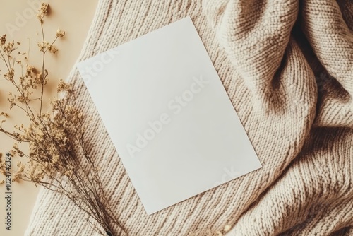 A blank white mockup card paper sheet on the table beige knitted sweater and some dried flowers