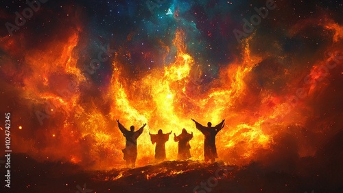 Depiction of Shadrach, Meshach, and Abednego standing firm in a fiery furnace amidst a vibrant nebula, highlighted by divine light rays symbolizing their faith. Blank area for copy space.