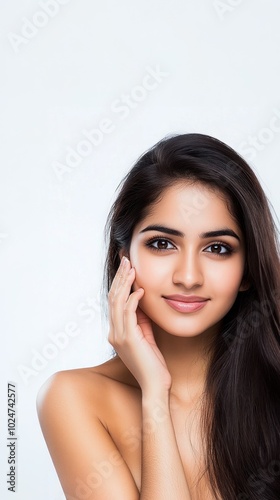 Young Indian woman with smooth skin posing for the camera and touching her face against a white background, natural beauty, skincare, flawless skin