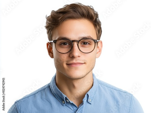 studio portrait of a handsome young man with short brown hair and stylish glasses, wearing a crisp blue shirt. clean white background emphasizes his confident pose.