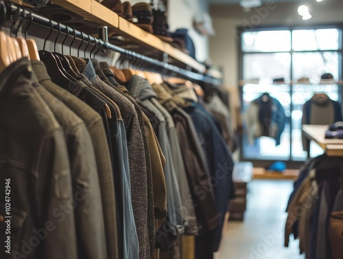 stylish clothing boutique with carefully curated racks of garments. soft lighting accentuates textures and colors, while minimalist decor creates an upscale shopping atmosphere.