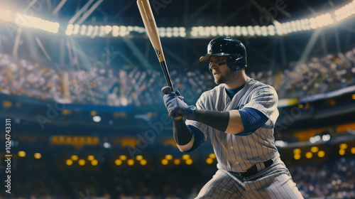 Close-up of professional baseball player gripping bat with intense focus, preparing to hit pitch during high-stakes playoff game, capturing the electrifying atmosphere of a crucial moment in baseball photo