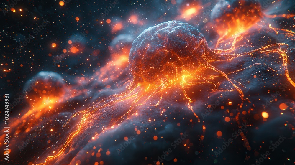 An abstract illustration of an energetic mass with glowing textures, surrounded by a dark and dynamic background filled with luminous particles. An abstract illustration of an energetic mass with glowing textures, surrounded by a dark and dynamic background filled with luminous particles.