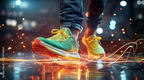 Energetic Dancer in Vibrant Sneakers Tapping on Glowing Dance Floor