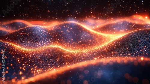 A mesmerizing abstract digital landscape with waves of sparkling orange and blue lights, creating a serene and creative atmosphere against a dark backdrop.