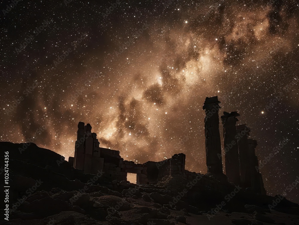 Obraz premium swirling galactic arms of the milky way stretch across a velvet-black sky. foreground silhouettes of ancient ruins on an alien planet add mystery and scale.