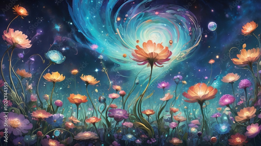 illustration of flowers against galaxy illustration of flowers against galaxy