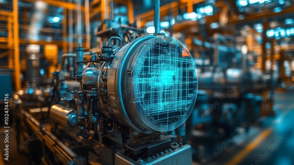 Fototapeta premium Holographic projection of industrial products in modern factories highlights advanced manufacturing technology, digital innovation, and high-tech industrial processes, integrating futuristic elements