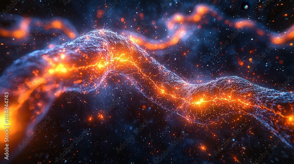 An abstract illustration featuring vibrant orange and blue light trails against a dark background, resembling flowing energy or cosmic elements. An abstract illustration featuring vibrant orange and blue light trails against a dark background, resembling flowing energy or cosmic elements.