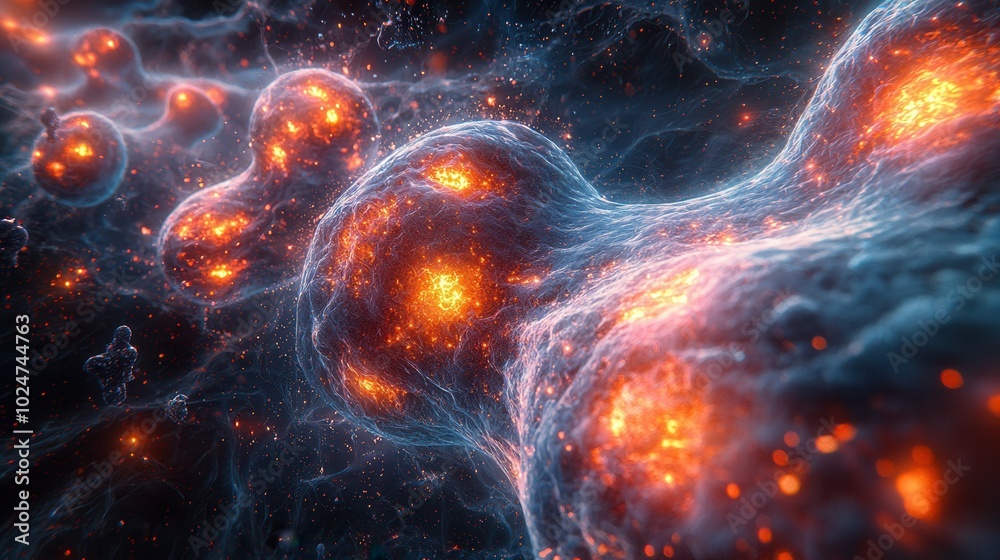 An abstract illustration of vibrant microbial life, showcasing glowing cells and intricate movements within a dark cosmic background. An abstract illustration of vibrant microbial life, showcasing glowing cells and intricate movements within a dark cosmic background.