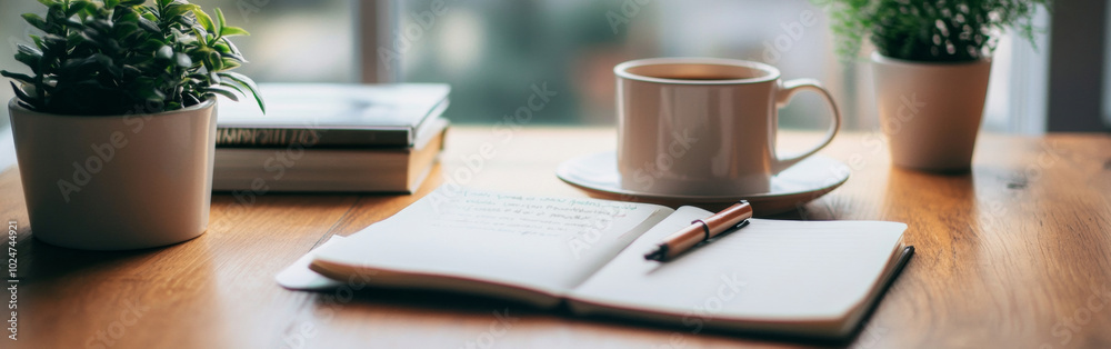 Warm cup of coffee beside a notebook and pen on a wooden table with plants in a cozy space. Wide web banner. Warm cup of coffee beside a notebook and pen on a wooden table with plants in a cozy space. Wide web banner.