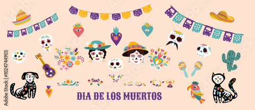 Mexican Death Day elements. Stickers for Dia de los muertos festival, musical party invitation and posters. Sugar skull, tatoo pets and floral elements, flowers and tatoo mask, bunting flags.