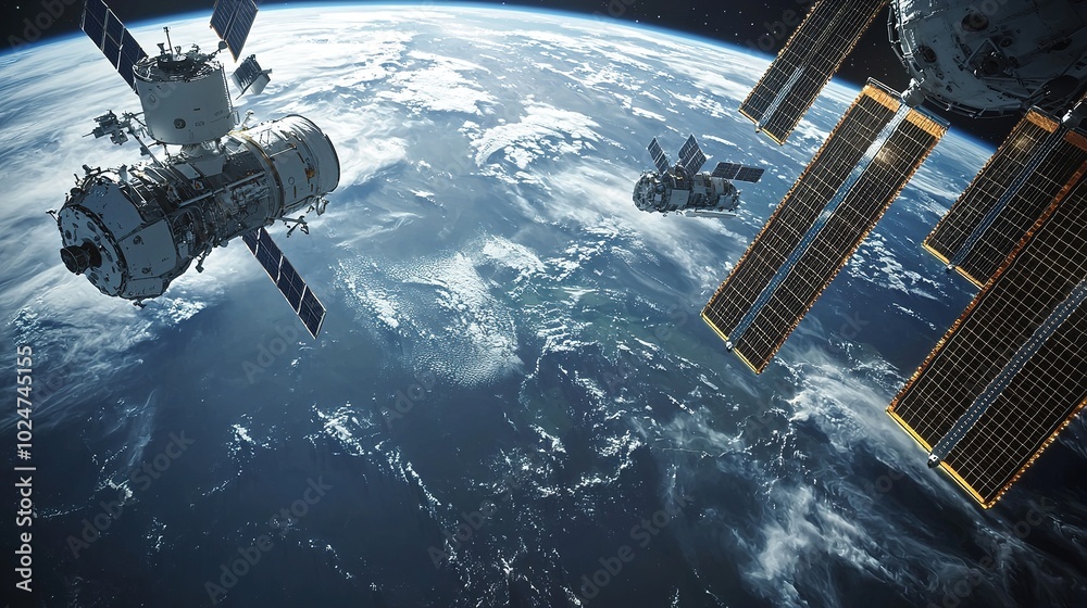 Fototapeta premium A stunning view of Earth from space, featuring multiple spacecraft orbiting above the planet's surface and showcasing the vibrant blue waters and atmospheric details.