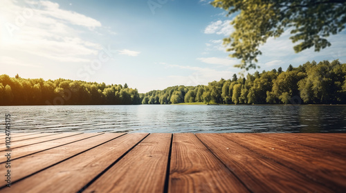 empty wooden board lake view nature background from a wooden dock blue sky and water