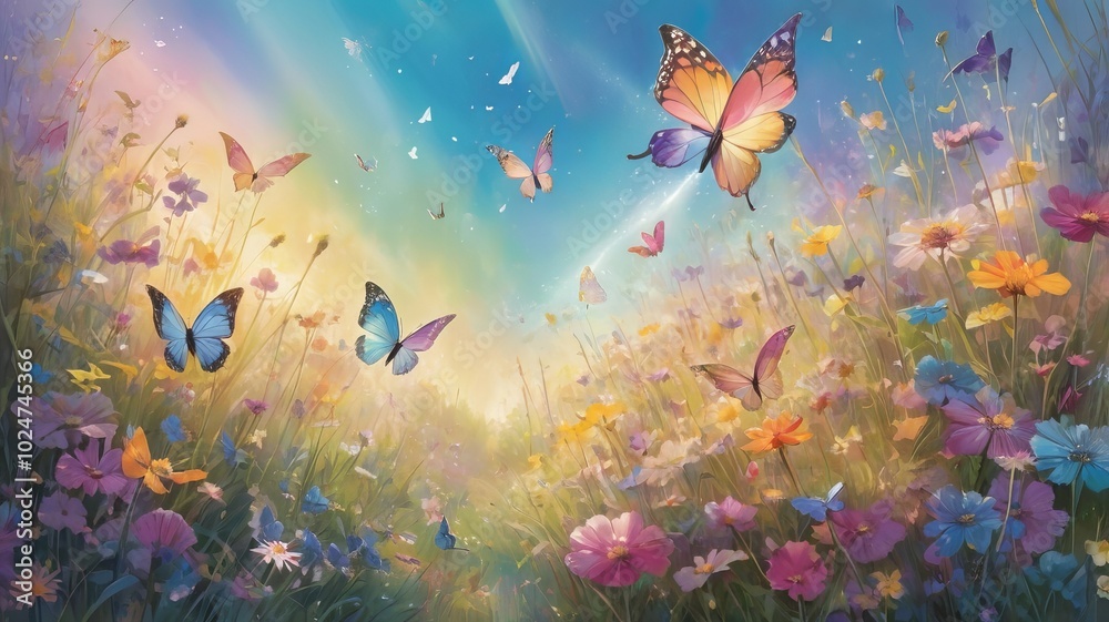 Fototapeta premium a garden with butterflies illustration concept