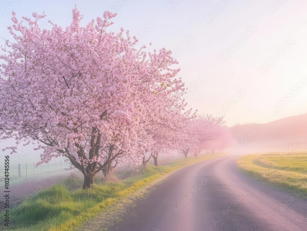 cherry blossoms in full bloom lining a serene road, illuminated by soft morning light, creating a picturesque scene of vibrant pinks and gentle whites in nature cherry blossoms in full bloom lining a serene road, illuminated by soft morning light, creating a picturesque scene of vibrant pinks and gentle whites in nature