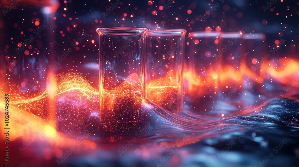 An artistic representation of glass test tubes emerging from glowing red and orange waves, creating a mesmerizing visual effect. An artistic representation of glass test tubes emerging from glowing red and orange waves, creating a mesmerizing visual effect.
