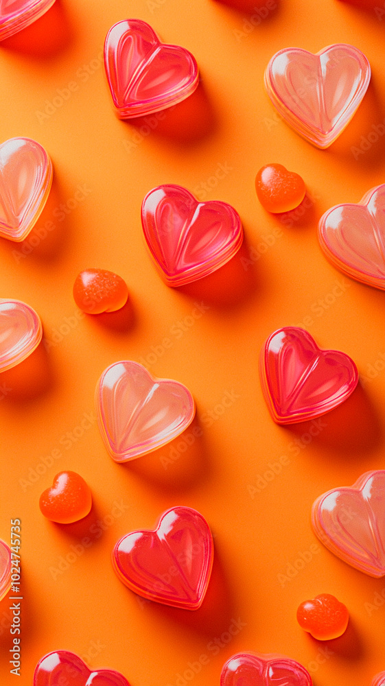 Un patrón de pequeñas cajas en forma de corazón y caramelos sobre un fondo naranja, un concepto minimalista, una vista plana desde arriba, fotografiado por un director de arte para un juego casual Un patrón de pequeñas cajas en forma de corazón y caramelos sobre un fondo naranja, un concepto minimalista, una vista plana desde arriba, fotografiado por un director de arte para un juego casual