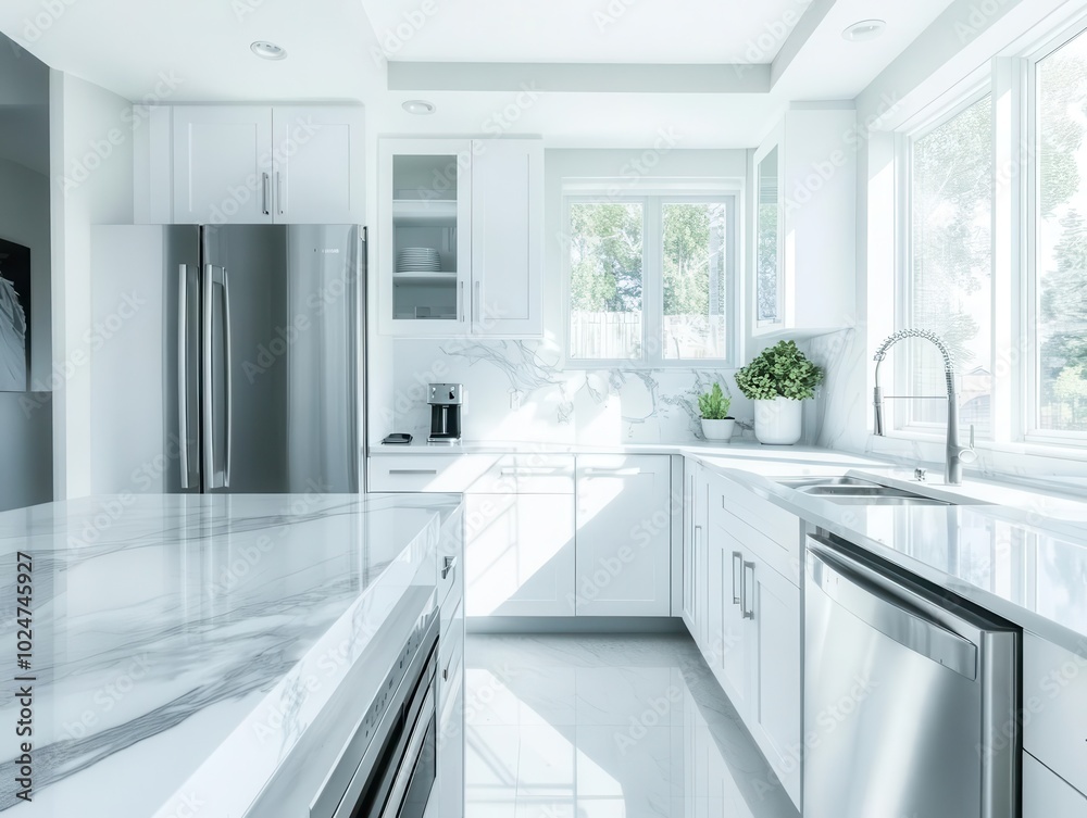 chic modern kitchen with polished marble countertops, gleaming silver appliances, and natural light flooding through large windows, creating an inviting atmosphere chic modern kitchen with polished marble countertops, gleaming silver appliances, and natural light flooding through large windows, creating an inviting atmosphere
