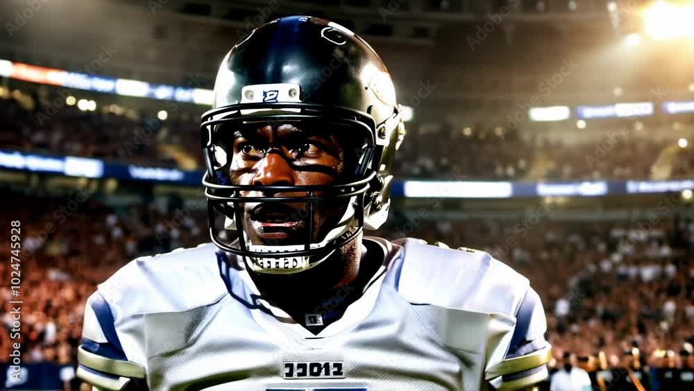 A close-up shot of a serious and determined American football player, an African athlete wearing his helmet and uniform. He's standing in the brightly lit arena, sweat dripping down his face A close-up shot of a serious and determined American football player, an African athlete wearing his helmet and uniform. He's standing in the brightly lit arena, sweat dripping down his face