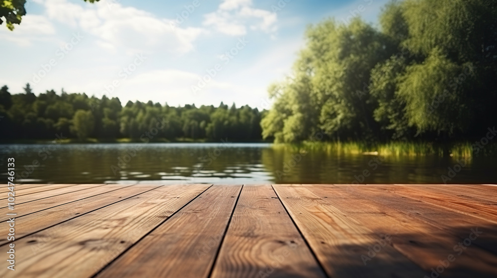 Obraz premium empty wooden board lake view nature background from a wooden dock blue sky and water