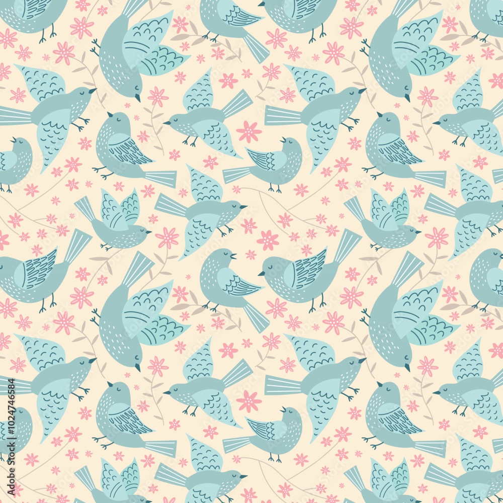 Seamless floral pattern with birds in delicate pastel colors. Spring vector background.