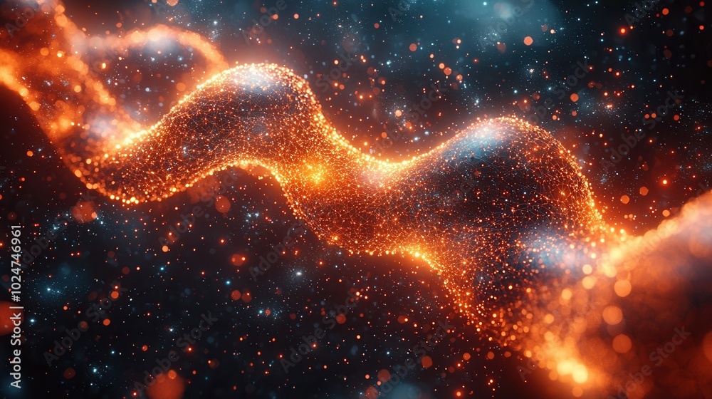 An abstract representation of glowing particles flowing in a wave-like motion, set against a cosmic background of stars and vibrant colors. An abstract representation of glowing particles flowing in a wave-like motion, set against a cosmic background of stars and vibrant colors.
