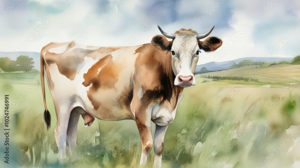 Watercolor drawing of a cow grazing in a meadow Watercolor drawing of a cow grazing in a meadow
