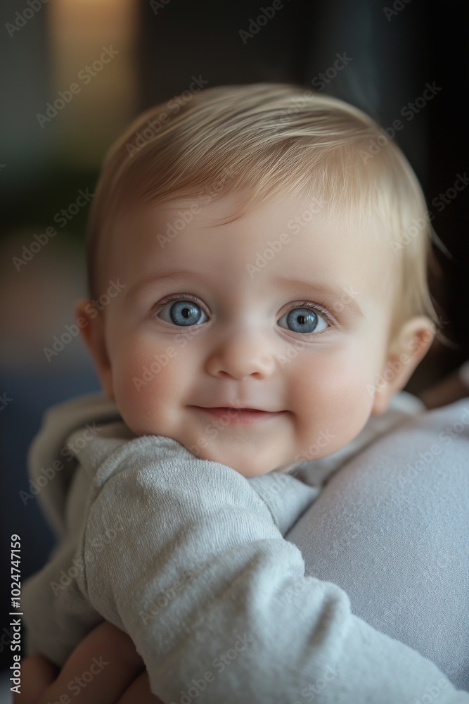 Close-up of an adorable baby with big blue eyes, blonde hair, and a charming smile, radiating innocence. Close-up of an adorable baby with big blue eyes, blonde hair, and a charming smile, radiating innocence.