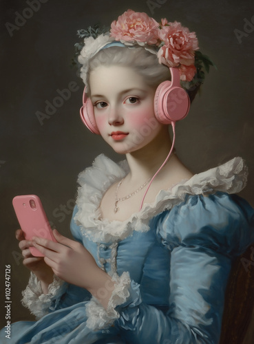 A baroque oil painting of beautiful woman wearing headphones and holding a phone.