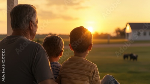 multigenerational family enjoying peaceful sunset moment together, reflecting warmth and connection. serene landscape enhances emotional bond shared among them photo