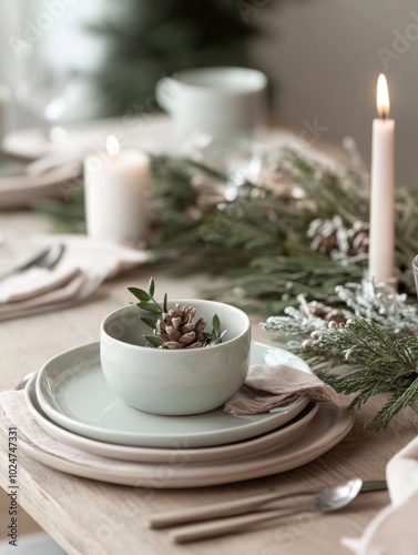 Light and natural Christmas table setting. Neutral colors with botanical elements and a rustic feel.