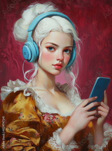 A baroque oil painting of beautiful woman wearing headphones and holding a phone. photo