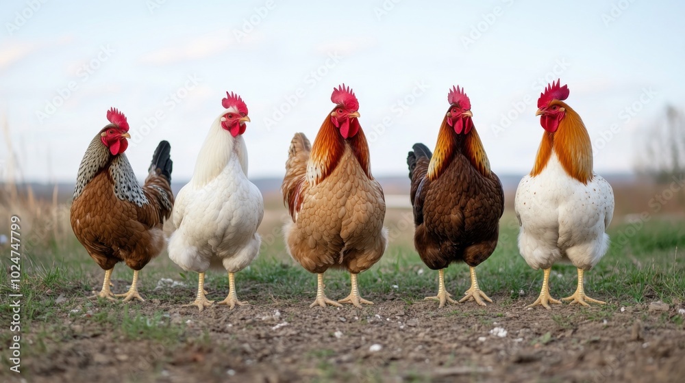 Fototapeta premium Vibrant rooster gathering in a spring countryside setting for farm decor