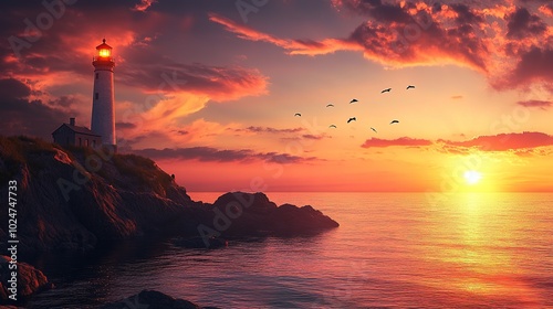 A breathtaking sunset at a coastal lighthouse surrounded by rocky shores and flying birds