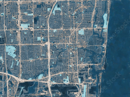 Painterly Style City Map of Fort Lauderdale Florida, USA in a Blue Color Scheme.
