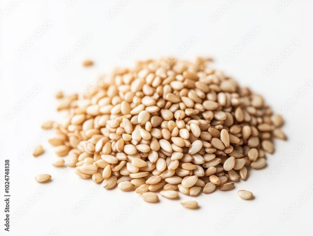 close-up view of sesame seeds isolated on a pristine white background, highlighting their texture and natural beauty, representing health and culinary uses close-up view of sesame seeds isolated on a pristine white background, highlighting their texture and natural beauty, representing health and culinary uses