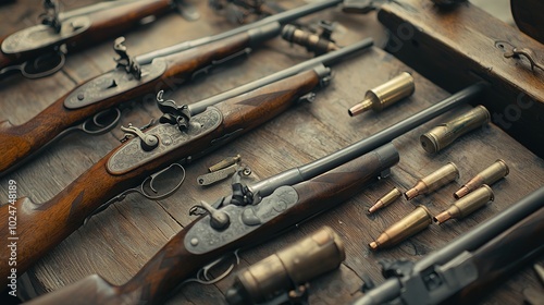 The image displays an assortment of rifles and ammunition arranged neatly on a wooden surface, showcasing their historical craftsmanship and unique designs.